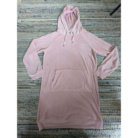 Velour Hooded Sweatshirt Tunic Dress Top Pink Kangaroo Pocket Velvet Romper - Picture 2 of 6